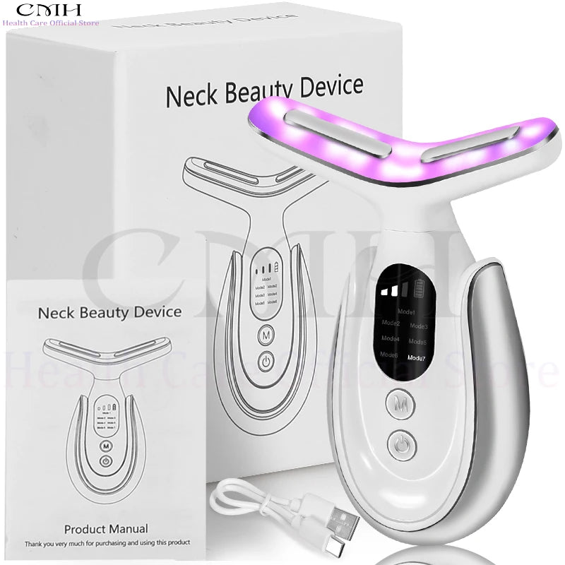 Neck Beauty Device 7 in 1 LED Therapy Microcurrent Anti Wrinkle Face Massager Deep Cleansing Hot Compress for Skin