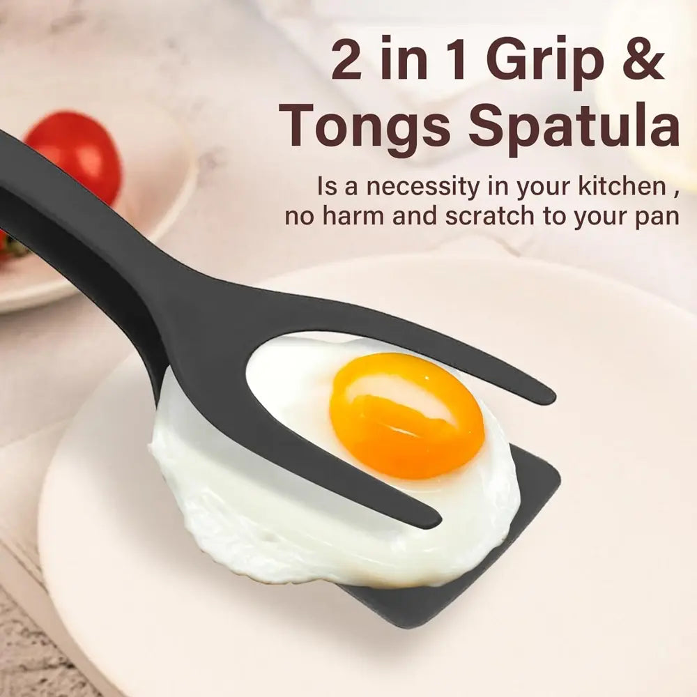New 2 in 1 Grip Flip Spatula Tongs Egg Flipper Spatula Nylon Non Stick Coating Pancake Fish French Toast Omelet Making Tool - Nexvibe