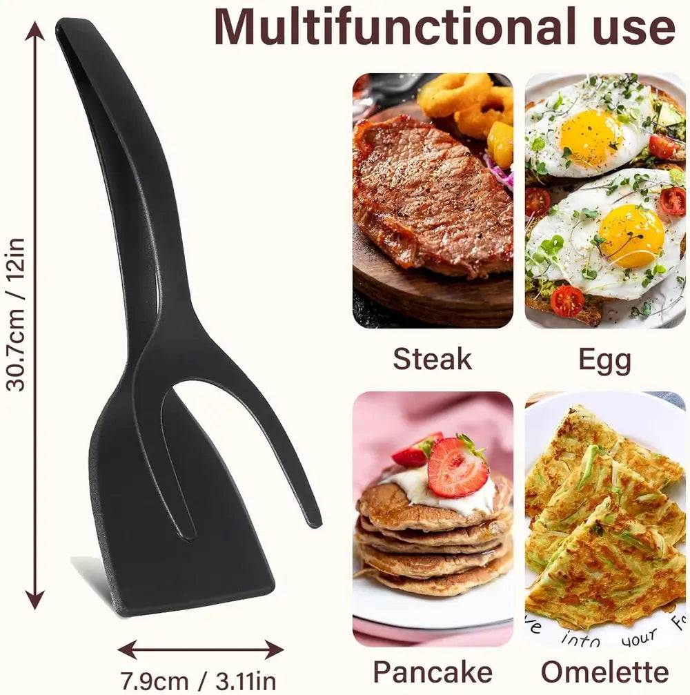 New 2 in 1 Grip Flip Spatula Tongs Egg Flipper Spatula Nylon Non Stick Coating Pancake Fish French Toast Omelet Making Tool - Nexvibe