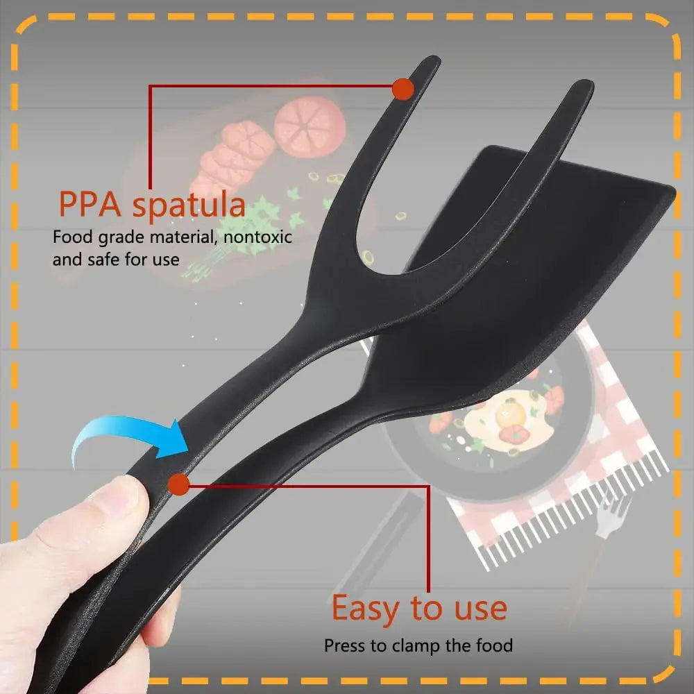 New 2 in 1 Grip Flip Spatula Tongs Egg Flipper Spatula Nylon Non Stick Coating Pancake Fish French Toast Omelet Making Tool - Nexvibe