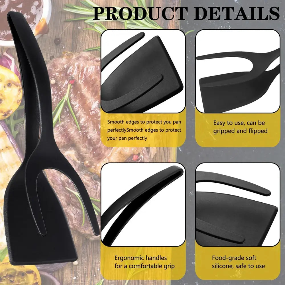 New 2 in 1 Grip Flip Spatula Tongs Egg Flipper Spatula Nylon Non Stick Coating Pancake Fish French Toast Omelet Making Tool - Nexvibe