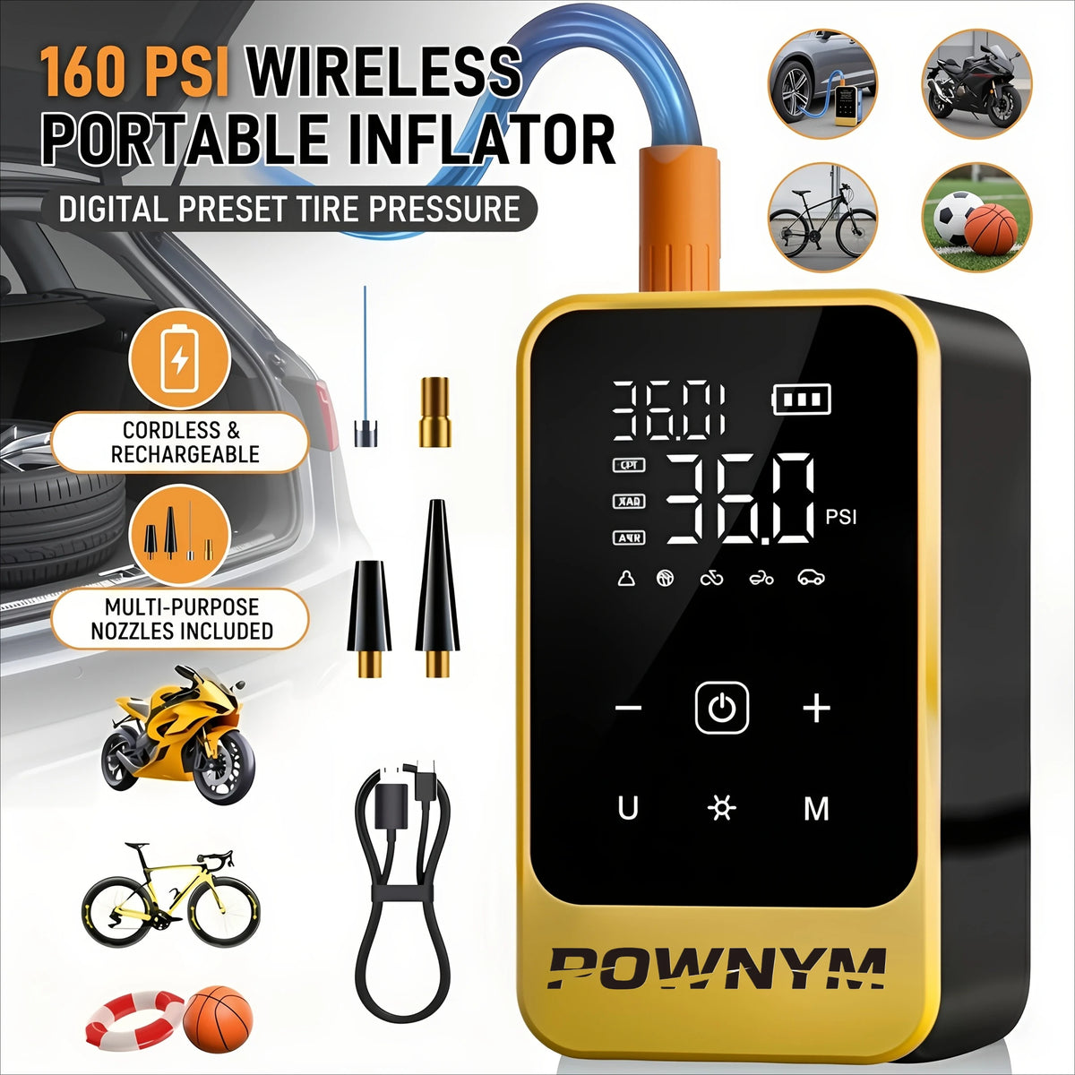 POWNYM Multi-Functional Wireless Tire Inflator Jump Starter Portable Air Pump with Digital Gauge LED Light & All Nozzle