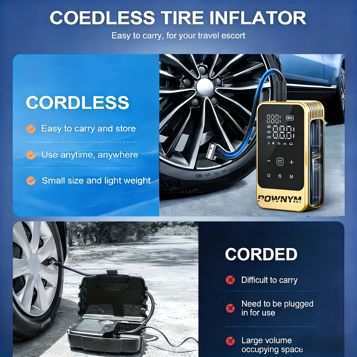POWNYM Multi-Functional Wireless Tire Inflator Jump Starter Portable Air Pump with Digital Gauge LED Light & All Nozzle