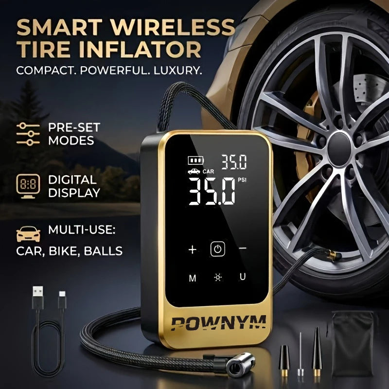 POWNYM Multi-Functional Wireless Tire Inflator Jump Starter Portable Air Pump with Digital Gauge LED Light & All Nozzle