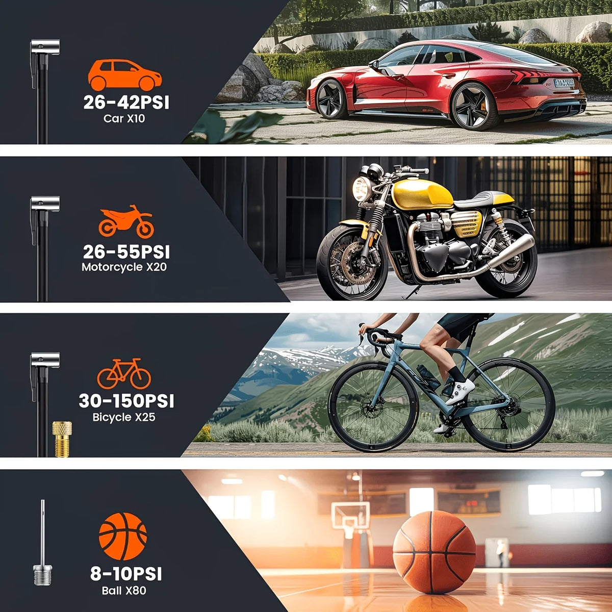 POWNYM Multi-Functional Wireless Tire Inflator Jump Starter Portable Air Pump with Digital Gauge LED Light & All Nozzle