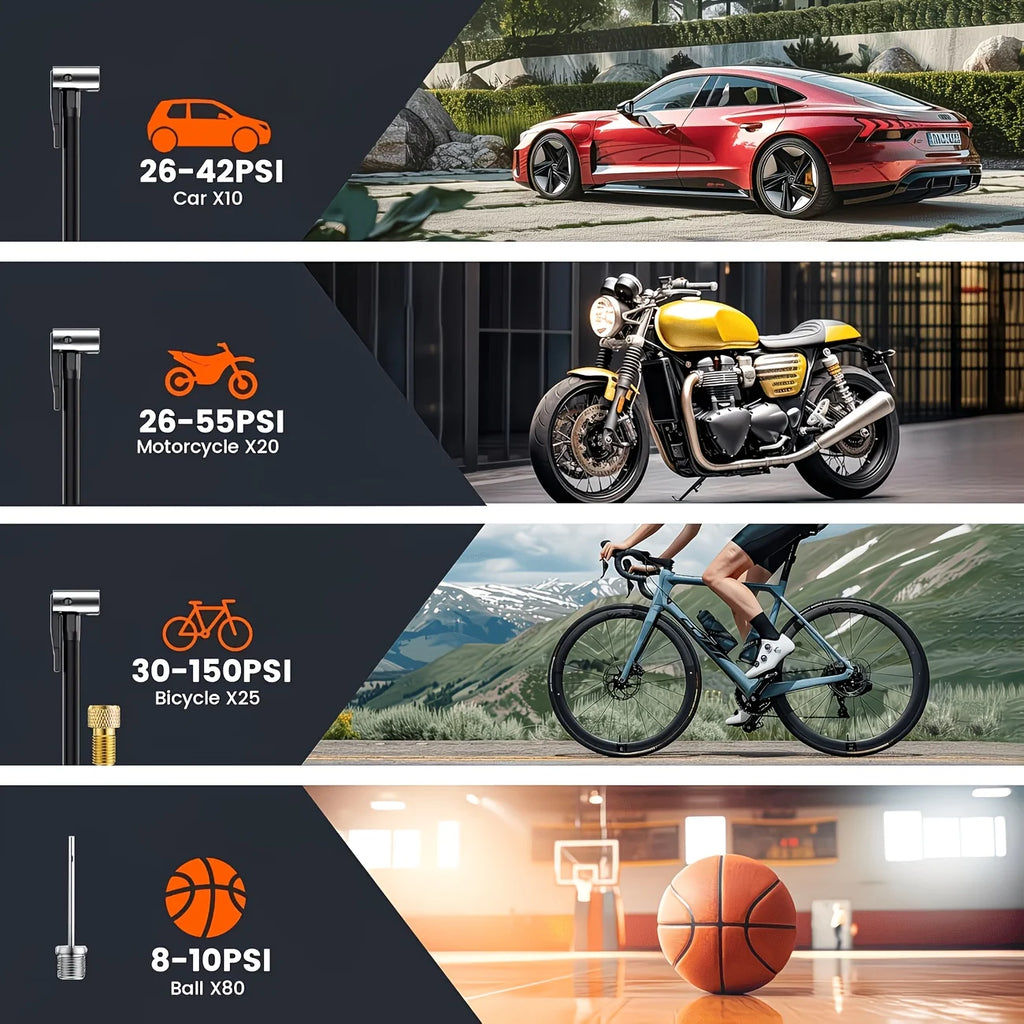 POWNYM Multi-Functional Wireless Tire Inflator Jump Starter Portable Air Pump with Digital Gauge LED Light & All Nozzle