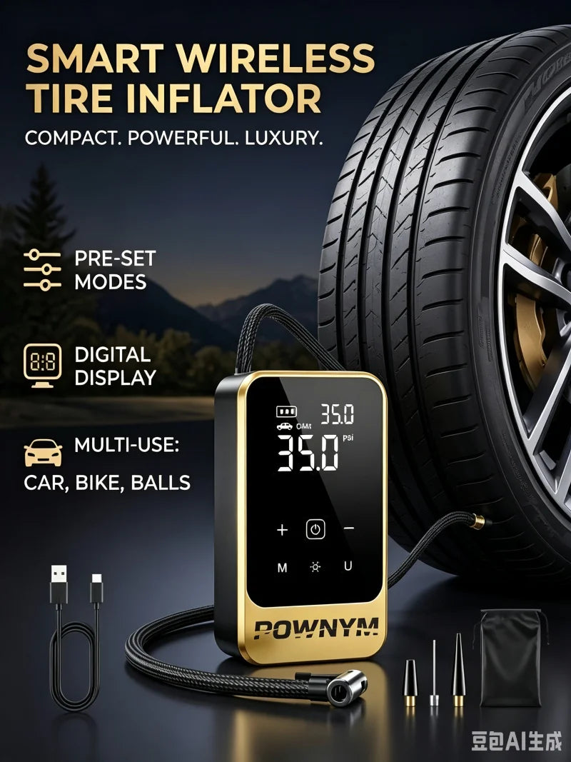 POWNYM Multi-Functional Wireless Tire Inflator Jump Starter Portable Air Pump with Digital Gauge LED Light & All Nozzle
