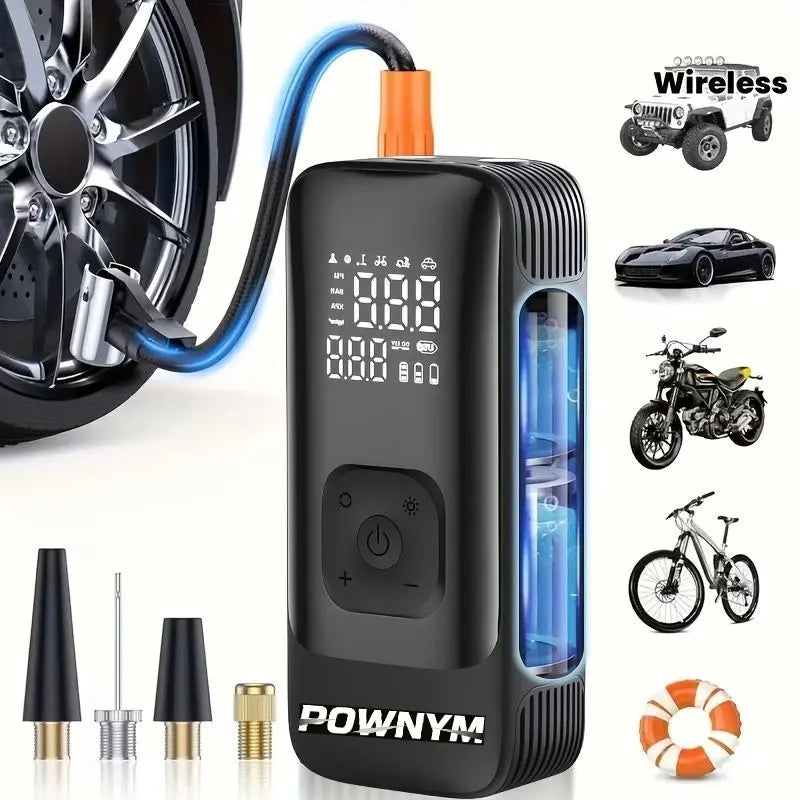 POWNYM Wireless Tire Inflator Air Compressor Portable 2-in-1 Jump Starter with Digital Pressure Gauge LED Light & Multi