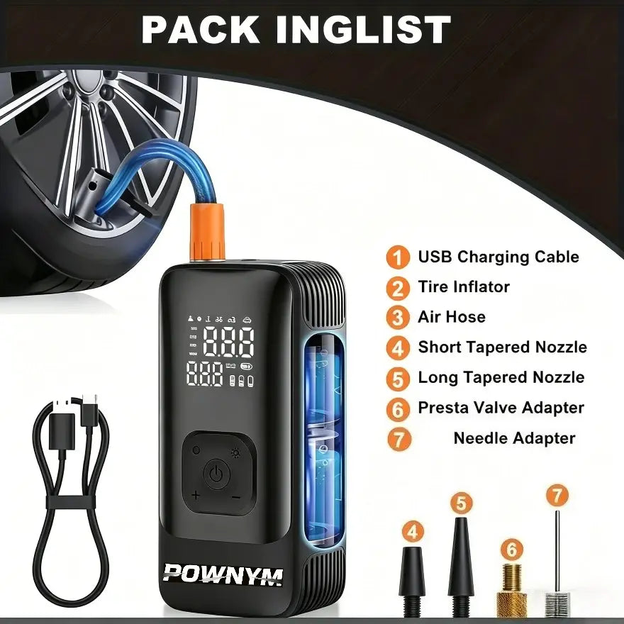 POWNYM Wireless Tire Inflator Air Compressor Portable 2-in-1 Jump Starter with Digital Pressure Gauge LED Light & Multi