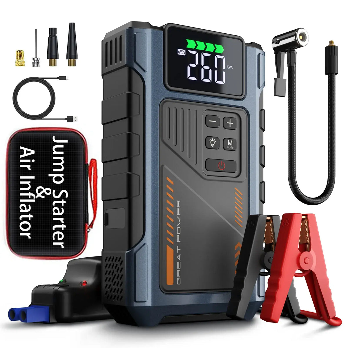 Portable Car Jump Starter With Air Compressor 3000A Peak(7.5L Gas 6.5L Diesel) Jump Starter Battery PackWith150 PSl
