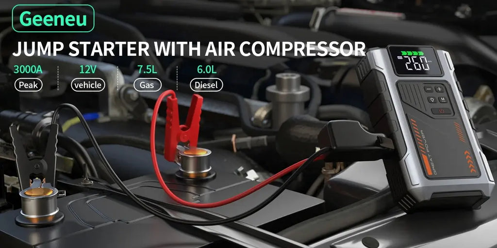 Portable Car Jump Starter With Air Compressor 3000A Peak(7.5L Gas 6.5L Diesel) Jump Starter Battery PackWith150 PSl