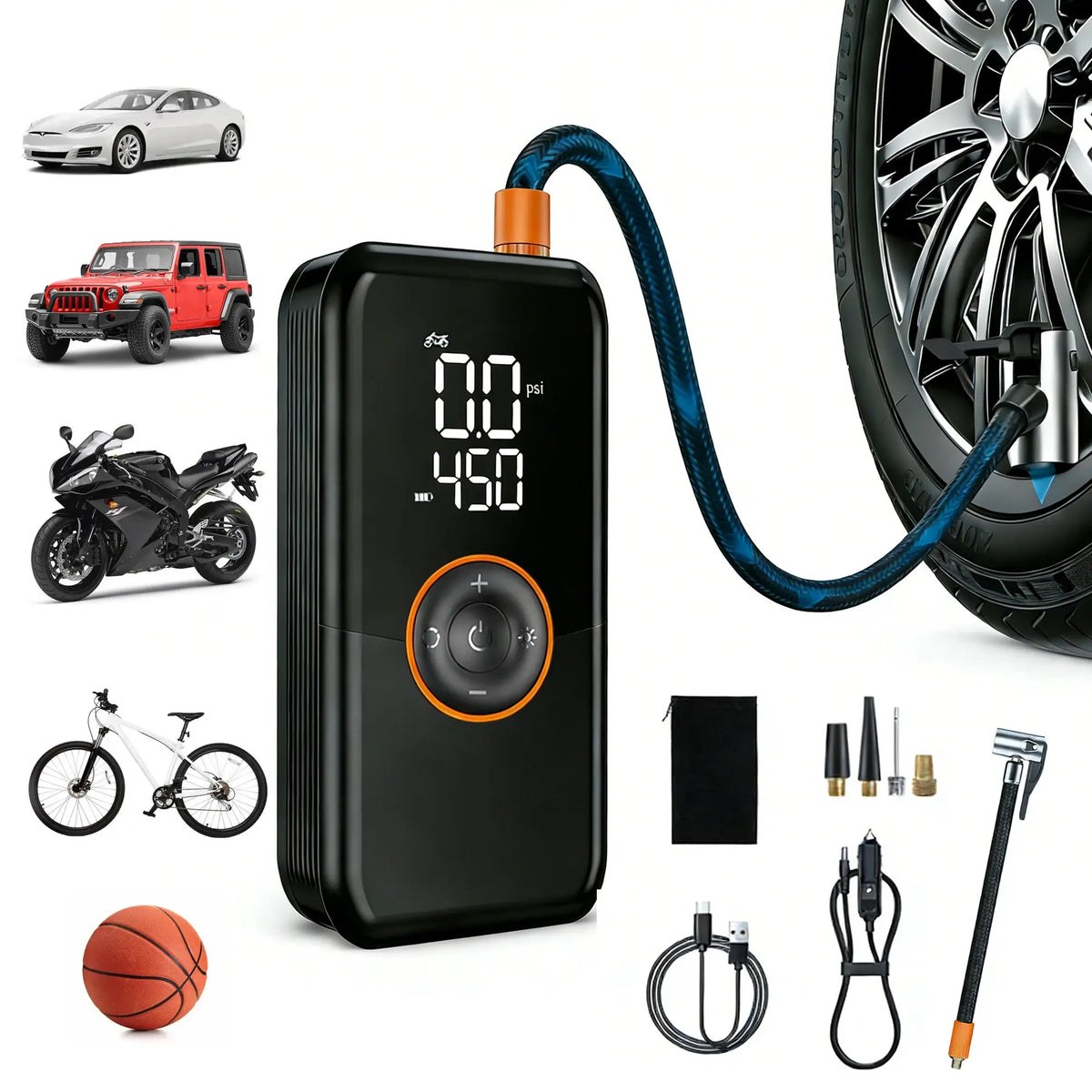 Portable Tire Inflator Air Compressor, 150 PSI Cordless 6000mAh Dual Power, 24L/Min Fast Inflation with Auto Shut-Off, LED Light, 4 Presets for Car/Bike/Motorcycle/Balls (12V DC Car Plug Included) - Nexvibe