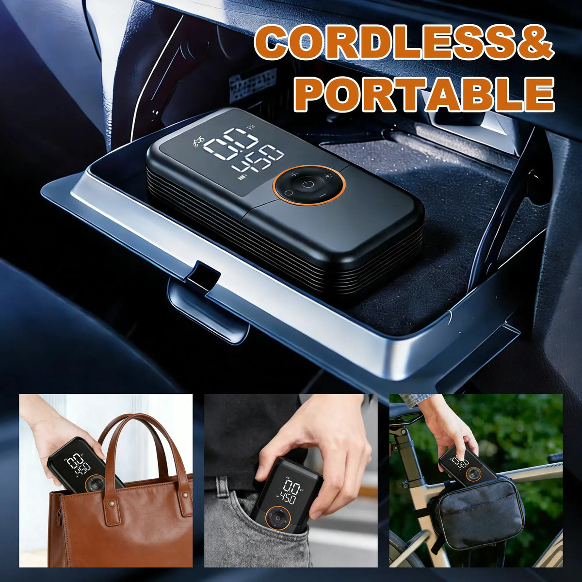 Portable Tire Inflator Air Compressor, 150 PSI Cordless 6000mAh Dual Power, 24L/Min Fast Inflation with Auto Shut-Off, LED Light, 4 Presets for Car/Bike/Motorcycle/Balls (12V DC Car Plug Included) - Nexvibe