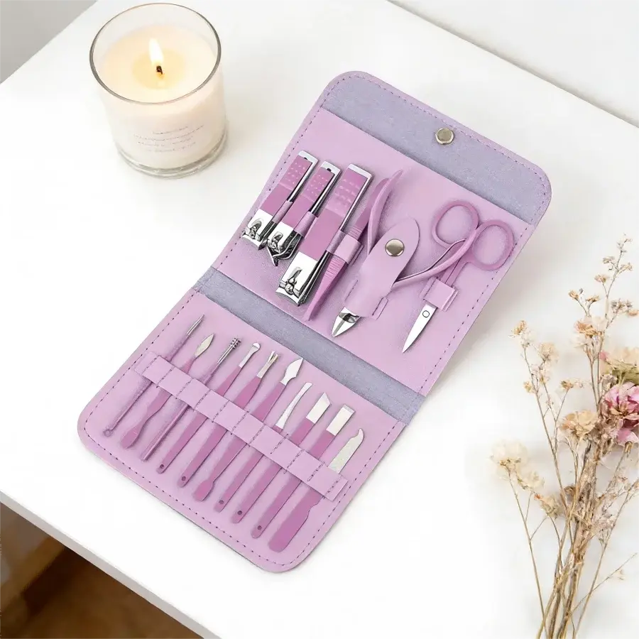Professional 16-In-1 Purple Nail Care Set, With A Foldable PU Leather Case, Complete With Care And Trimming Tools. Stainless Steel Nail And Pedicure Tools, Portable Travel Nail Set, Suitable For Home, Business Trips, And Dail - Nexvibe