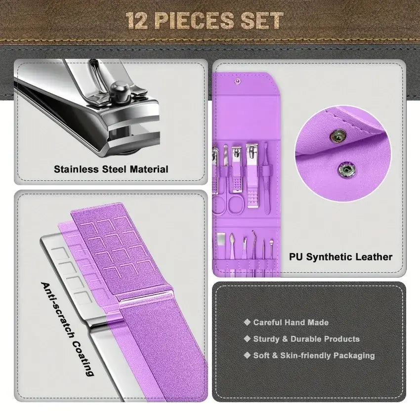 Professional 16-In-1 Purple Nail Care Set, With A Foldable PU Leather Case, Complete With Care And Trimming Tools. Stainless Steel Nail And Pedicure Tools, Portable Travel Nail Set, Suitable For Home, Business Trips, And Dail - Nexvibe