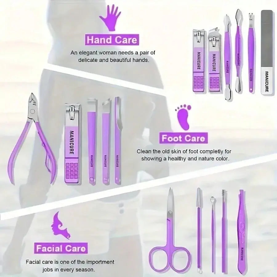 Professional 16-In-1 Purple Nail Care Set, With A Foldable PU Leather Case, Complete With Care And Trimming Tools. Stainless Steel Nail And Pedicure Tools, Portable Travel Nail Set, Suitable For Home, Business Trips, And Dail - Nexvibe