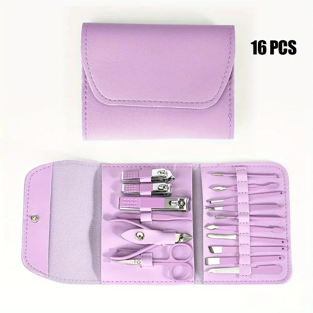 Professional 16-In-1 Purple Nail Care Set, With A Foldable PU Leather Case, Complete With Care And Trimming Tools. Stainless Steel Nail And Pedicure Tools, Portable Travel Nail Set, Suitable For Home, Business Trips, And Dail - Nexvibe