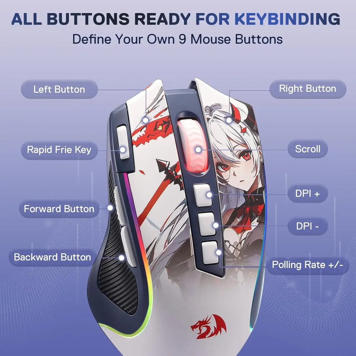 Redragon M612AK PRO RGB Gaming Mouse 8000 DPI Wired/Wireless Optical Mouse 9 Programmable Buttons 7 Backlit Modes - Nexvibe