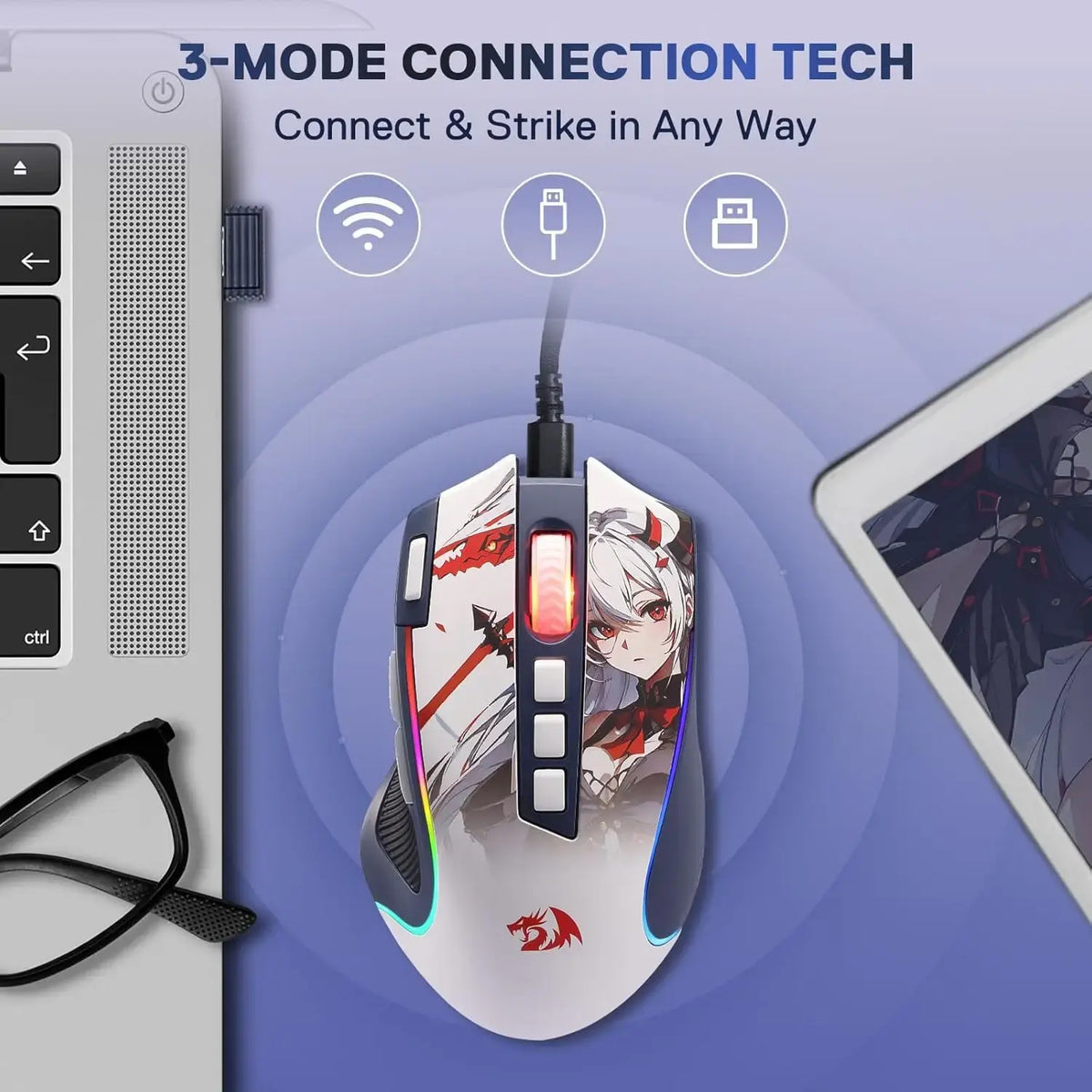 Redragon M612AK PRO RGB Gaming Mouse 8000 DPI Wired/Wireless Optical Mouse 9 Programmable Buttons 7 Backlit Modes - Nexvibe