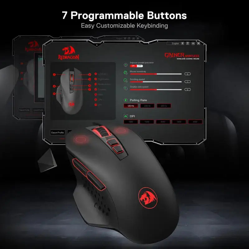 Redragon M656 Gainer Wireless Gaming Mouse, 4000 DPI 2.4Ghz Wireless Gamer Mouse w/ 5 DPI Levels, 7 Macro Buttons, Red LED Backl - Nexvibe