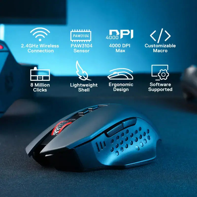 Redragon M656 Gainer Wireless Gaming Mouse, 4000 DPI 2.4Ghz Wireless Gamer Mouse w/ 5 DPI Levels, 7 Macro Buttons, Red LED Backl - Nexvibe