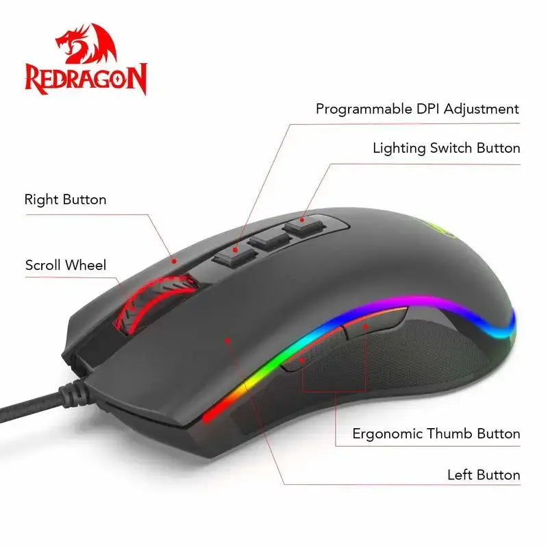 Redragon M711 PC Gaming Mice Wired Mouse 7 Programmable Buttons Customizable RGB 10,000 DPI Ergonomic Mouse - Nexvibe