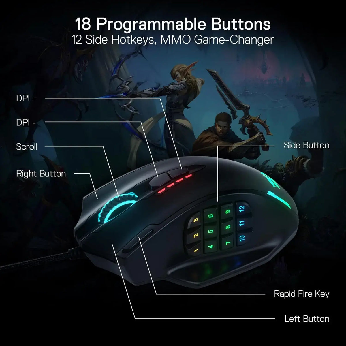 Redragon M908 RGB Backlight LED USB Wired Gaming Mouse 18 Programmable Mouse Buttons 12400 DPI - Nexvibe