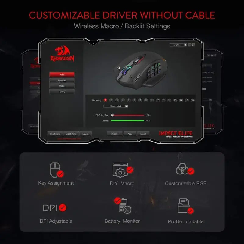 Redragon M913 Gaming 16000 DPI Wired 2.4Ghz Wireless RGB Optical Gamer Mice 16 Programmable Buttons, Black/White Mouse - Nexvibe