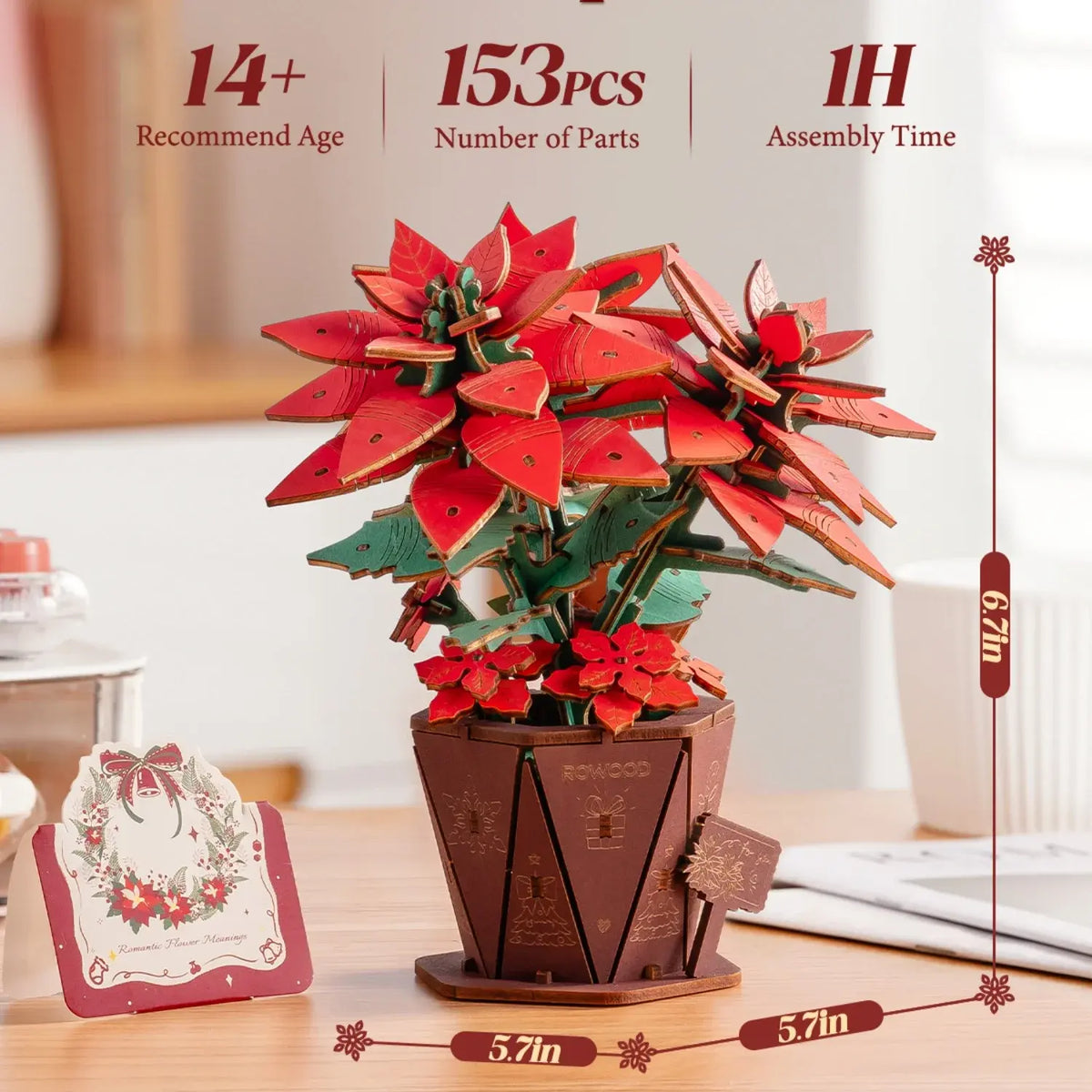 Rolife Artificial Flower Wooden 3D Puzzle Poinsettia DIY Model Building Kit for Home Decor Mother's Day Valentine's Day Gifts - Nexvibe