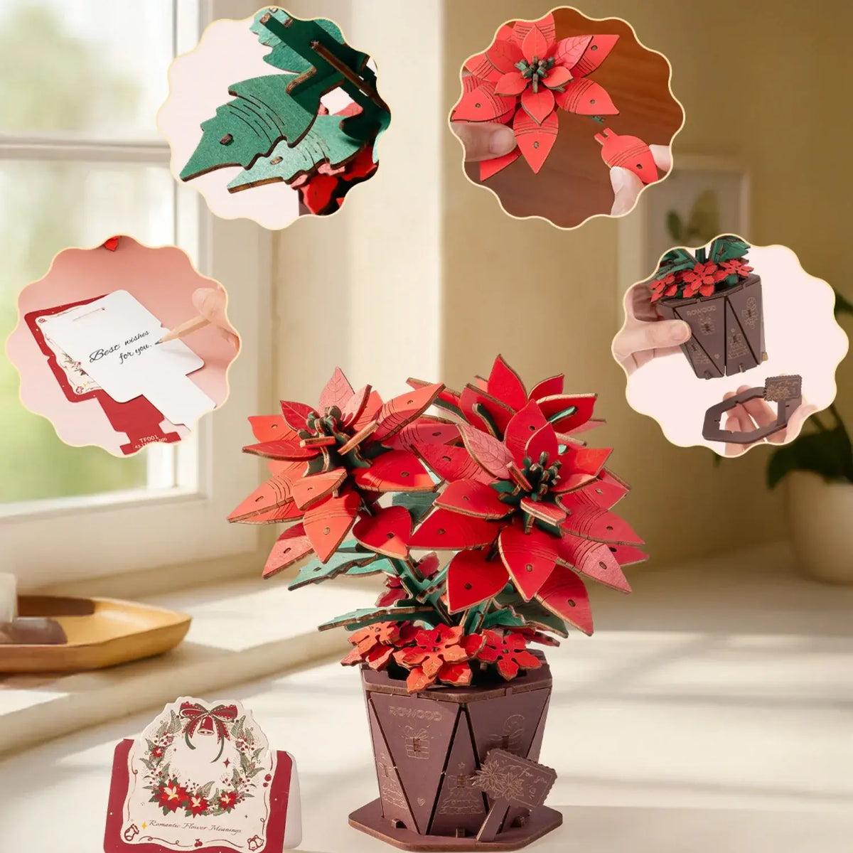 Rolife Artificial Flower Wooden 3D Puzzle Poinsettia DIY Model Building Kit for Home Decor Mother's Day Valentine's Day Gifts - Nexvibe
