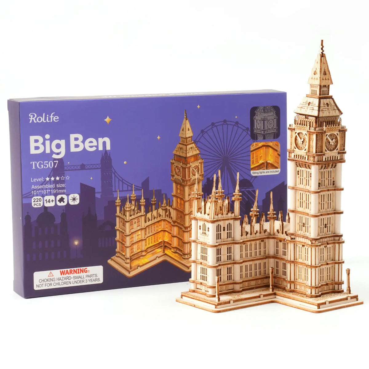 Rolife DIY Wooden 3D Puzzle Big Ben Model Building Kit Brain Teaser Puzzle Toy with LED Light for Home Decor Gifts for Adult Kid - Nexvibe