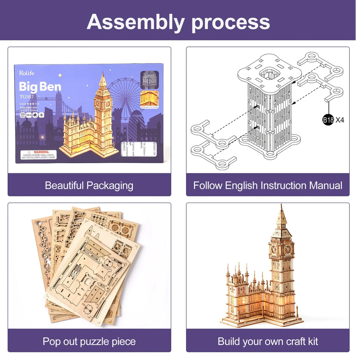 Rolife DIY Wooden 3D Puzzle Big Ben Model Building Kit Brain Teaser Puzzle Toy with LED Light for Home Decor Gifts for Adult Kid - Nexvibe