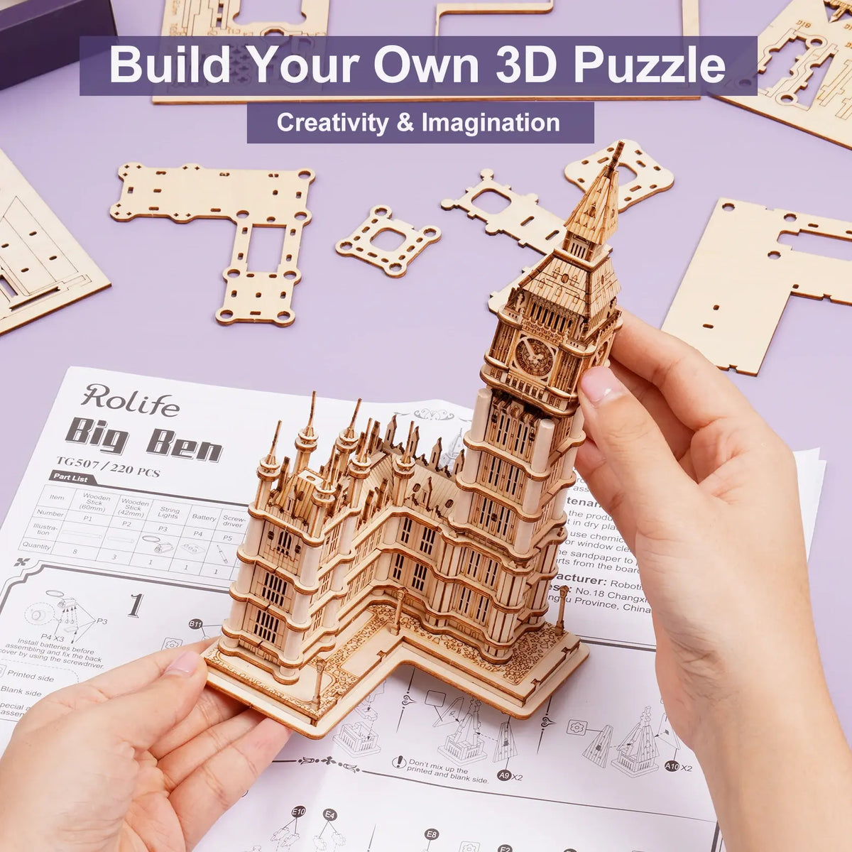 Rolife DIY Wooden 3D Puzzle Big Ben Model Building Kit Brain Teaser Puzzle Toy with LED Light for Home Decor Gifts for Adult Kid - Nexvibe
