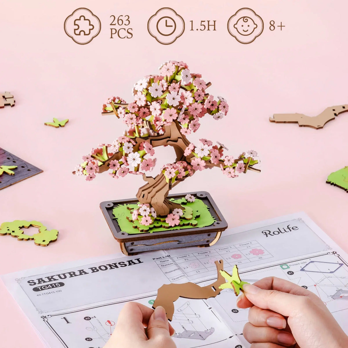 Rolife DIY Wooden 3D Puzzle Sakura Bonsai Model Building Kit for Home Decor Christmas Birthday Gifts for Adults Kids Friends - Nexvibe