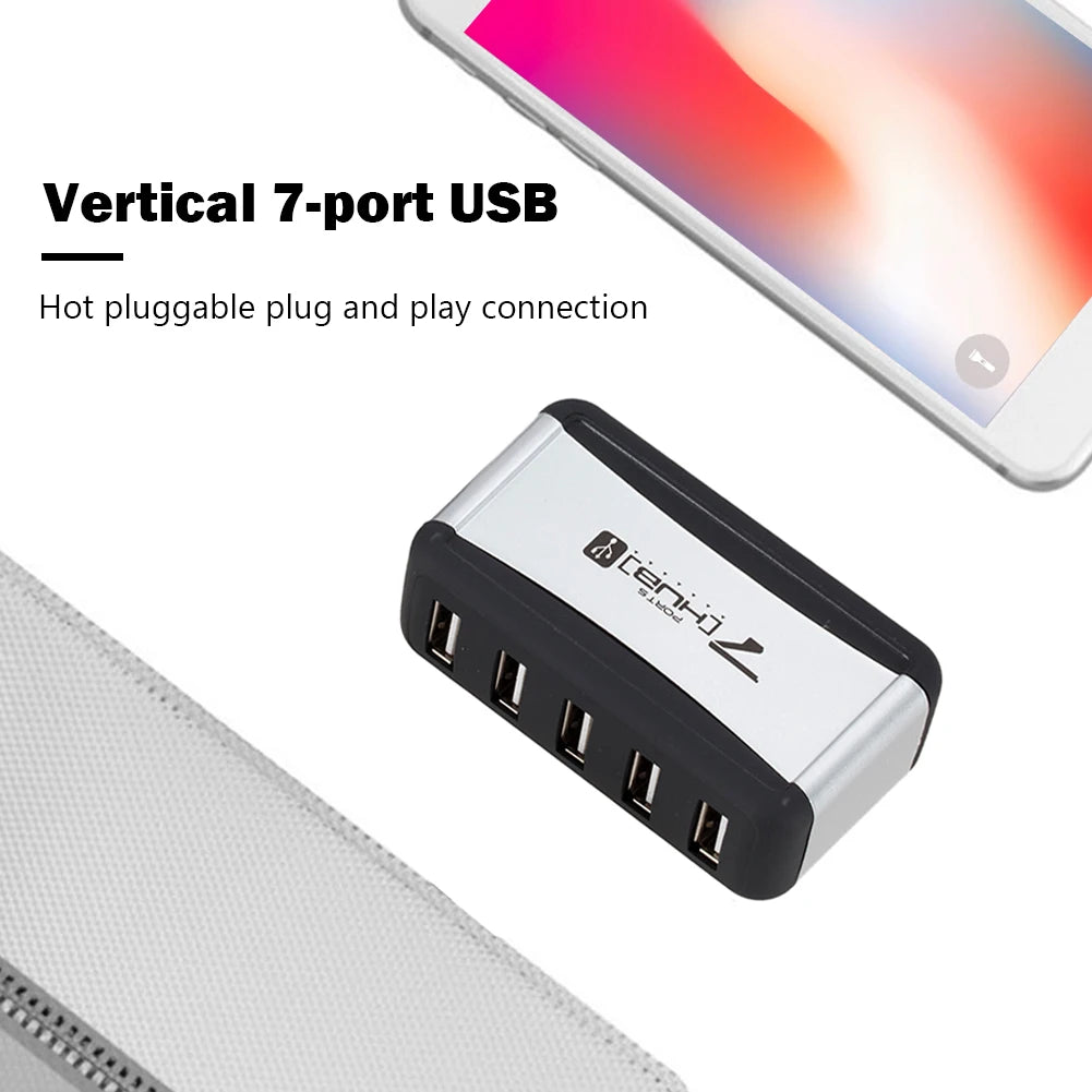 EU/US Plug USB Hub 7 Ports Splitter USB 2.0 Plug and Play Support 1.5/12/480Mbps with Power Adapter for PC Computer and Laptop