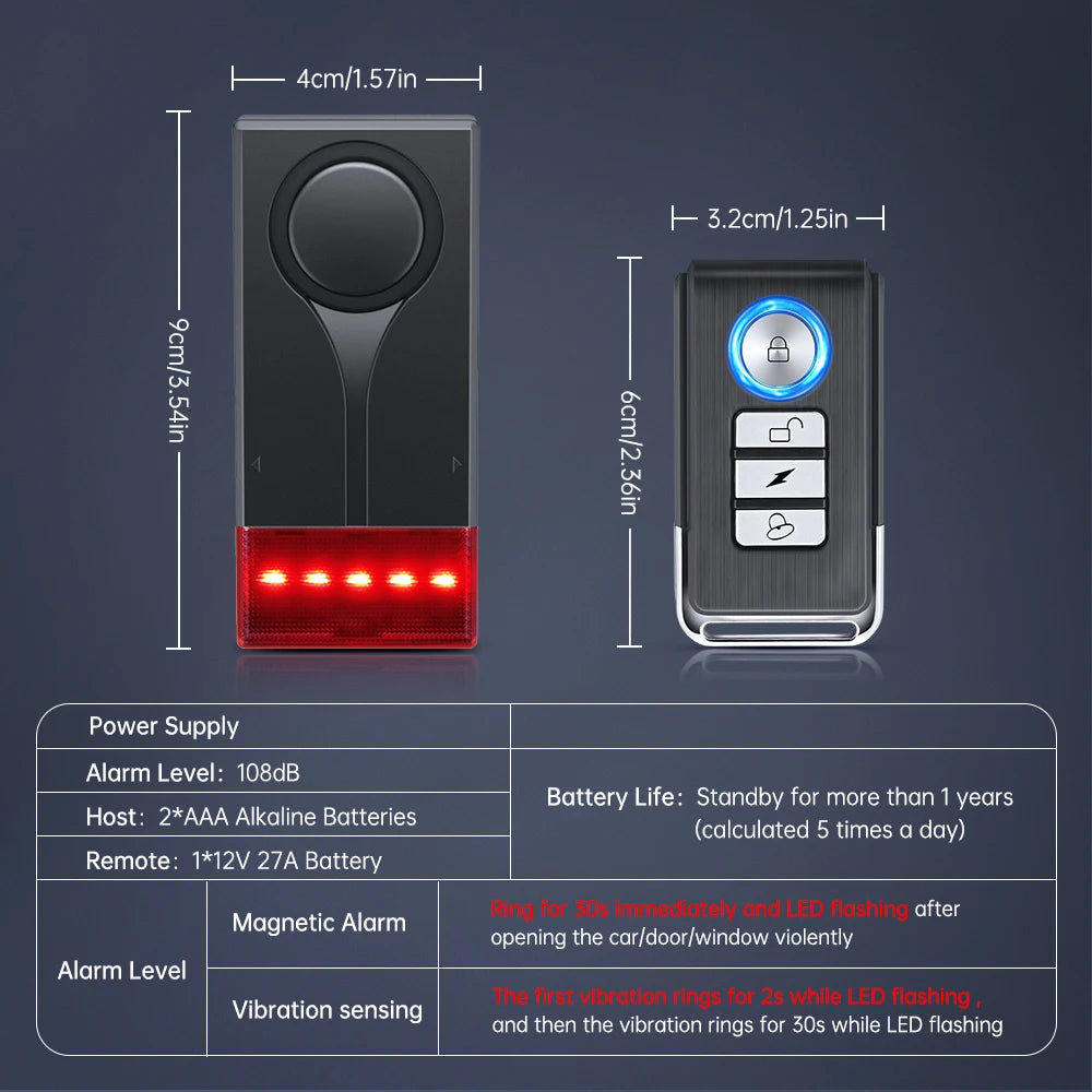 Wireless Car Vibration Burglar Alarm With Light 108dB Loud Car Door And Window Anti Theft Alarm Bike Motorcycle Security Alarm