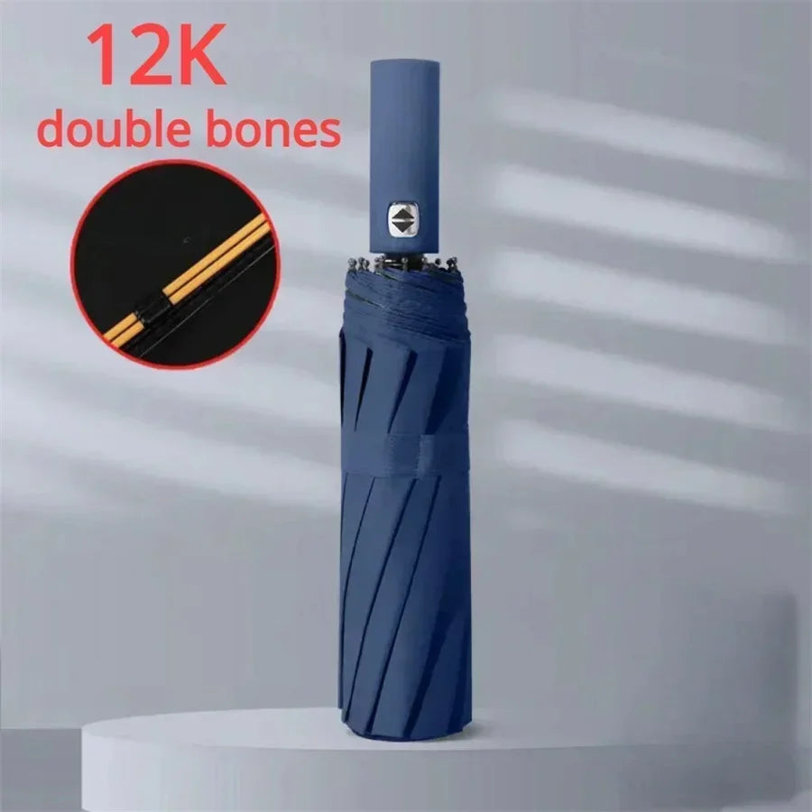 12 Bone Double Bones Black Glue Fully Automatic Umbrella, Rain & Sun Dual Use Three Fold, Sturdy Keel, UV Protection