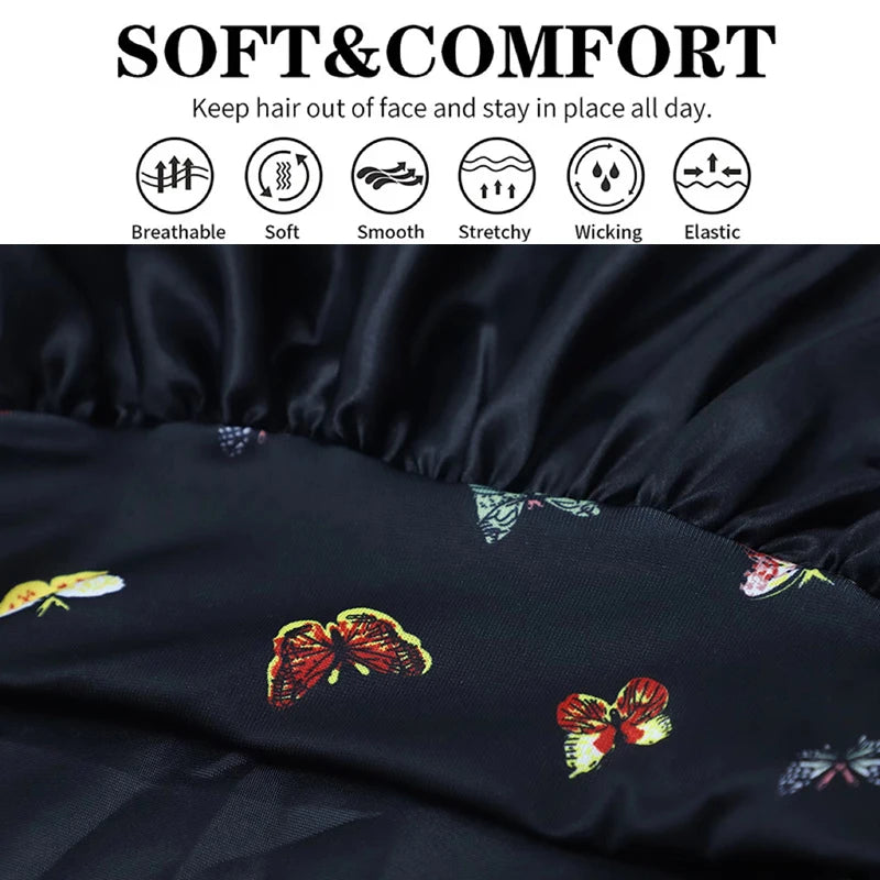 Women's Butterfly Design Silk Sleep Cap Wide-Tie Milk Bonnet Single Piece Hair Accessory