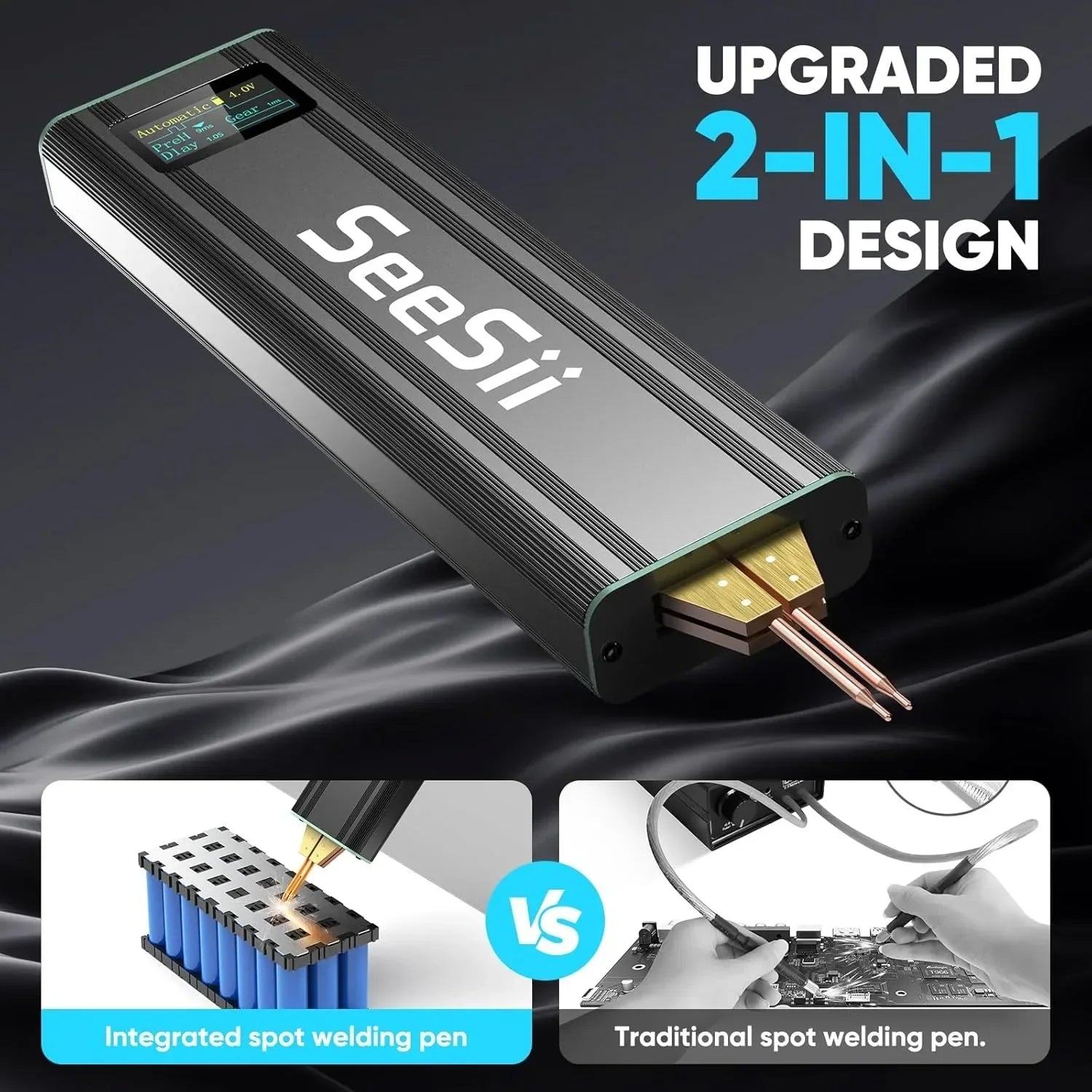 SEESII Battery Spot Welder Handheld Spot Welding Machine with Rechargeable Battery 2-in-1 Mini Battery Welder for Nickel-Plated Sheets up to 0.2mm - for Battery Pack Assembly and Repair