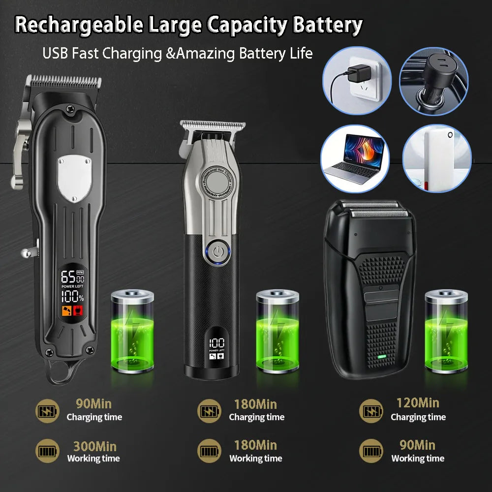 Professional Hair Clipper Set for Men, Cordless Haircut Kit with LED Display, 3-in-1/2-in-1/1pc  rechargeable Hair Clipper & T-Blade Trimmer & electric shaver, Barber Zero-Gapped Detailer, DIY Grooming Tools with Scissors, Co