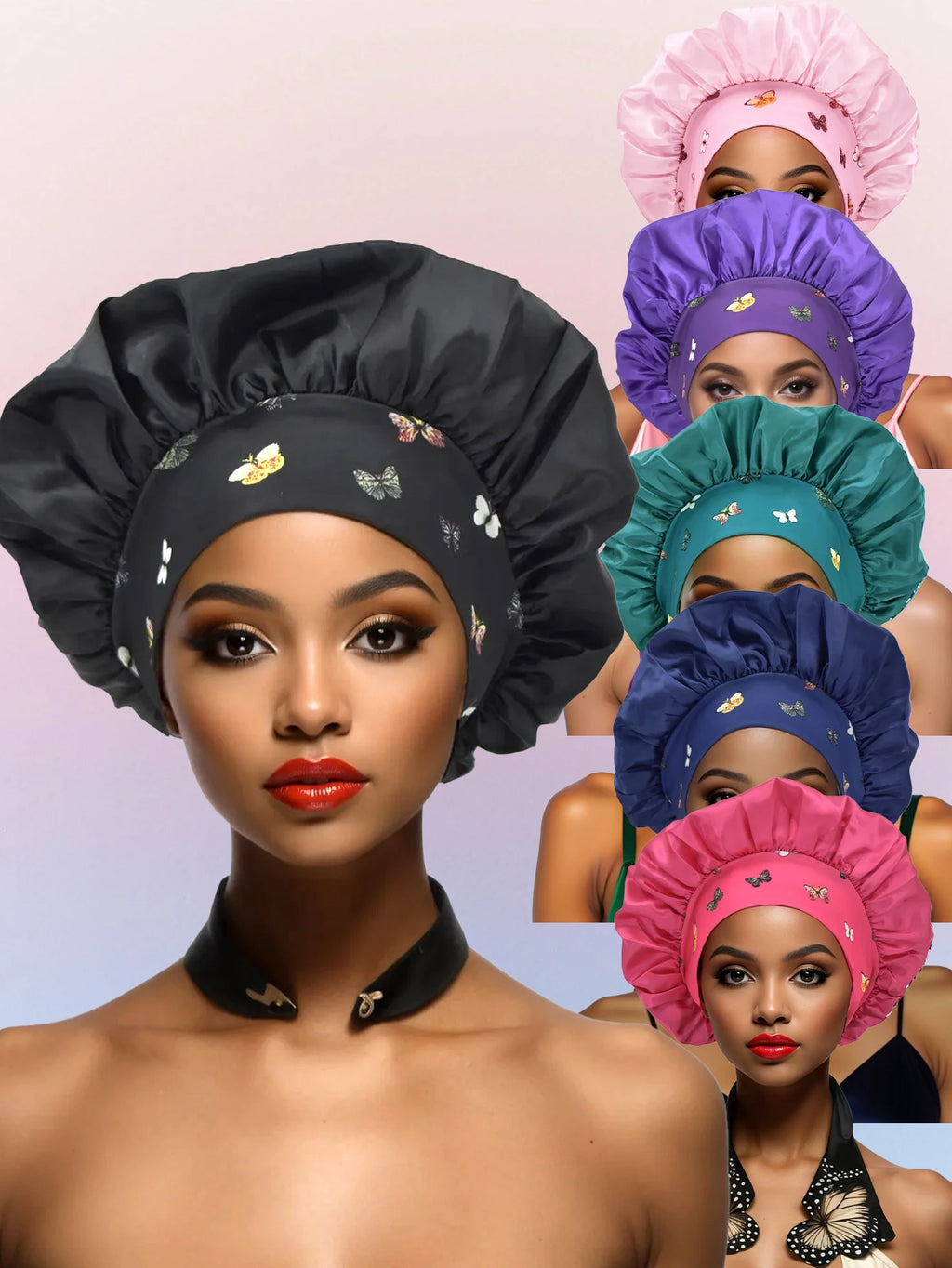 Women's Butterfly Design Silk Sleep Cap Wide-Tie Milk Bonnet Single Piece Hair Accessory