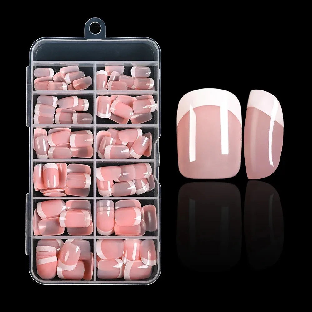 1pc Pink French Short Square Fake Nails 12-Sizes Full Cover Press On Nails Wearable Detachable Finished False Fingertips *TD