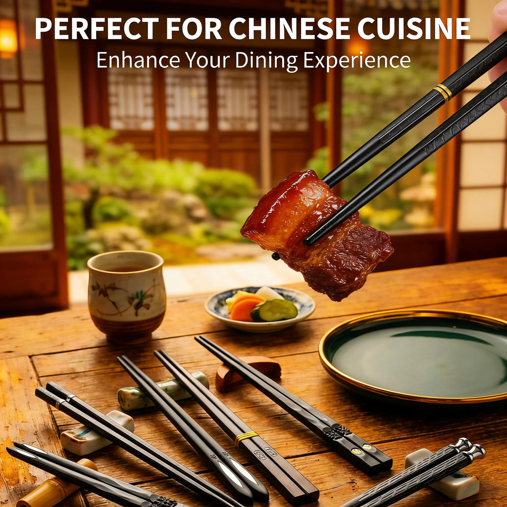 Black Alloy Chopsticks 5-Piece Set, Reusable Durable Kitchen Tableware