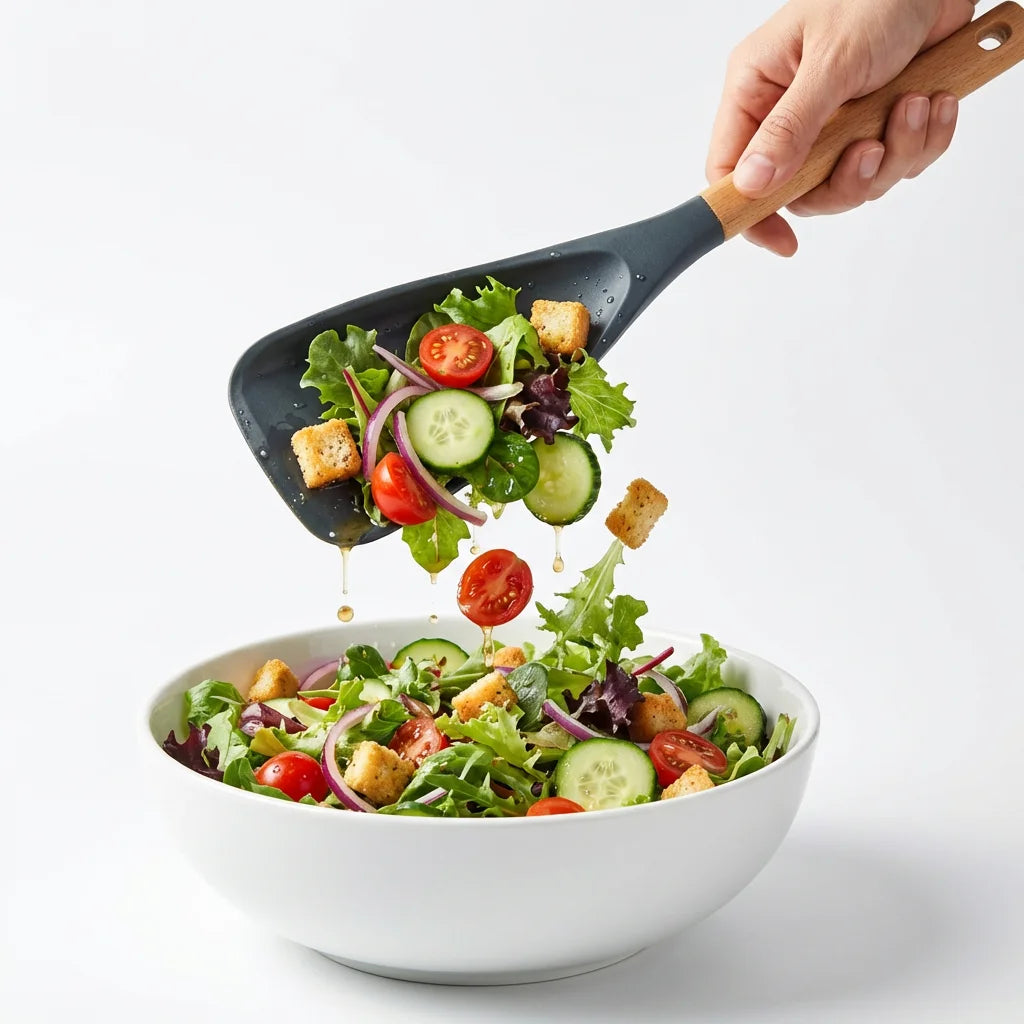 Silicone Salad Spatula with Wooden Handle - Heat Resistant Non-Stick Kitchen Turner for Salad, Cooking&Baking, Food-Safe&Durable
