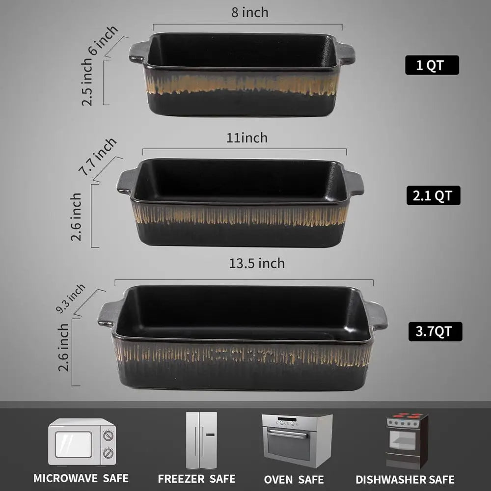 3-Piece Bakeware Set, 20x30 cm Casserole Pan, Cooking and Baking Dinnerware, Black Stripe Design