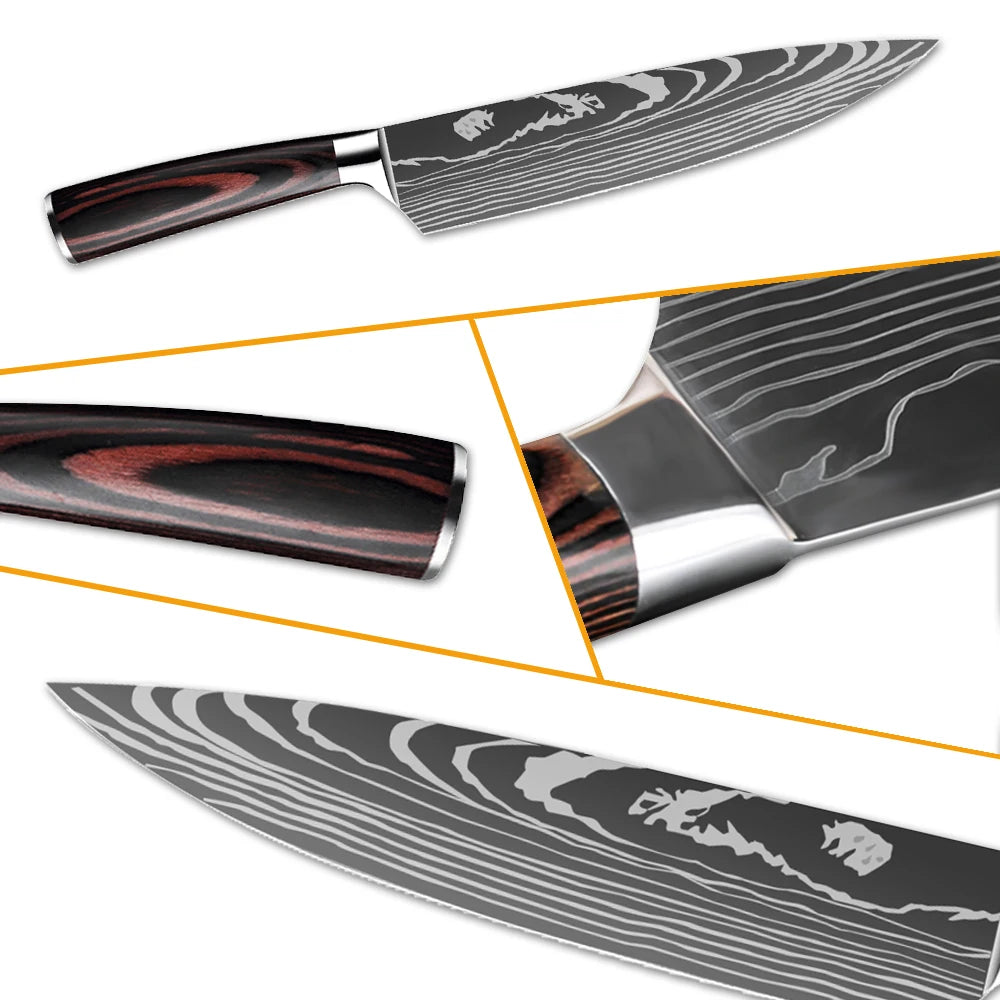 9 Types of Stainless Steel Kitchen Knife, Japanese Chef Knife, Meat Cleaver, Santoku, Bread, Boning, Slicing, Fruit Knife with Gift Box