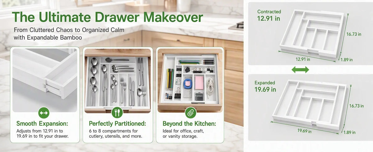 Bamboo Expandable Drawer Organizer for Utensils Holder, Adjustable Silverware Organizer Cutlery Tray, Drawer Dividers for Utensils, Flatware, Knives in Kitchen, Bedroom, Living Room