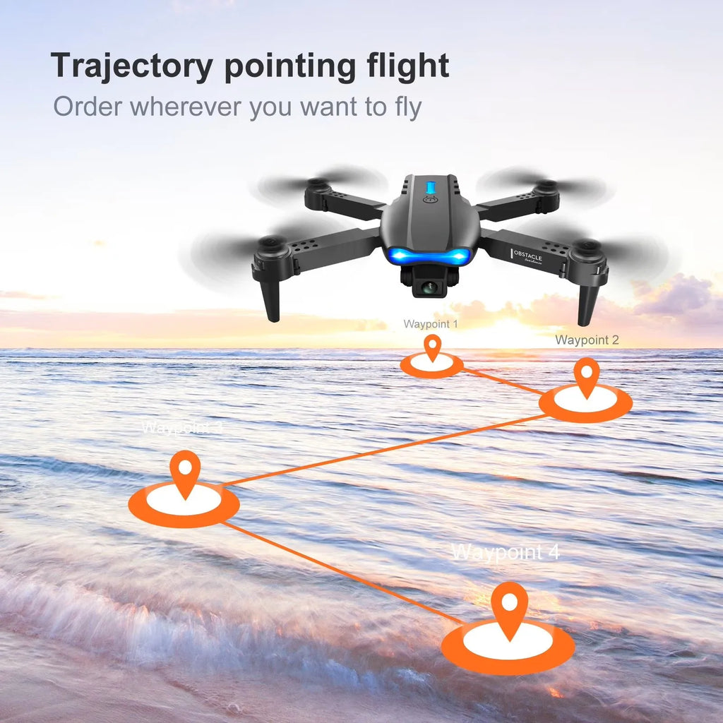 The 2026 upgraded E88 PRO MAX drone features dual 8K cameras, an on-screen remote control, two batteries, one-button return, foldability, USB charging, Wi-Fi, and flight gaming capabilities. Suitable for beginners, it makes a