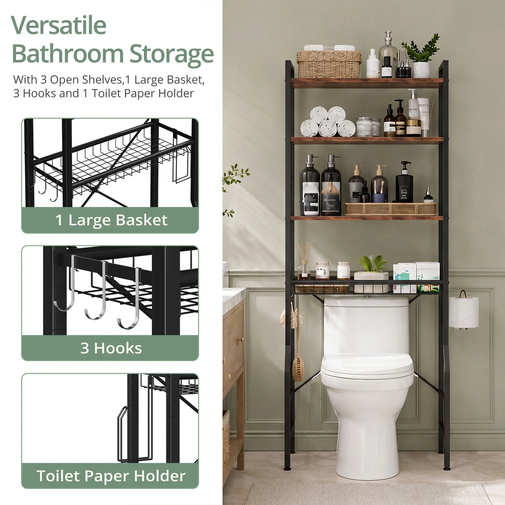 JHK 4-Tier Freestanding Bathroom Organizer Shelf Over Toilets with Adjustable Storage Rack Shelf and Basket Space Saver Above Toilet Storage Cabinet with 3 Hooks for Rooms