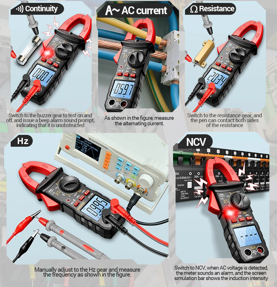ANENG ST180 Digital Clamp Meter 4000 Counts Multimeter AC Current NCV Capacitance Resistance Frequency Tester Measurement Tool